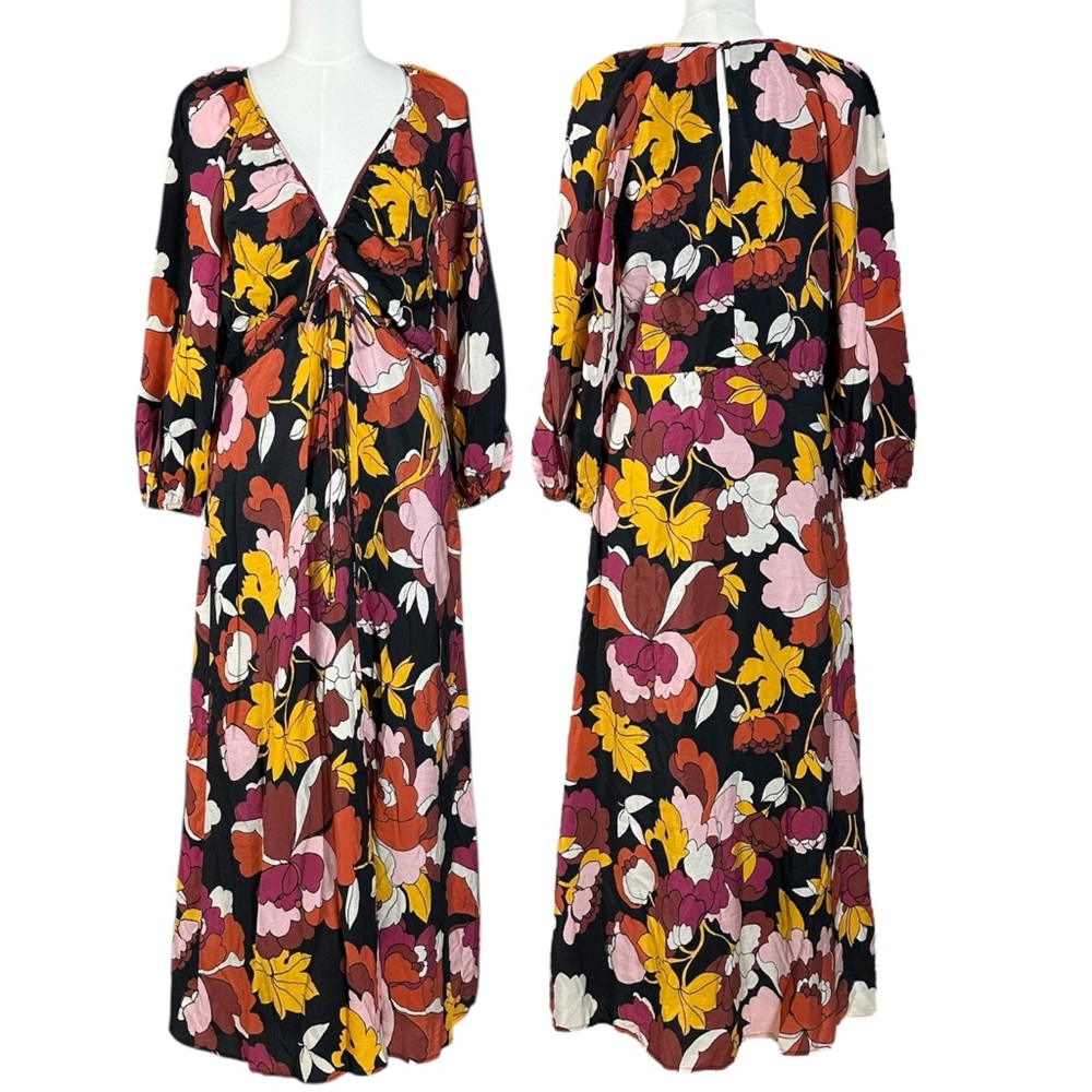 Anthropologie Maeve Deep V Ruched Midi Maxi Dress Floral Brown Size 14 NWT